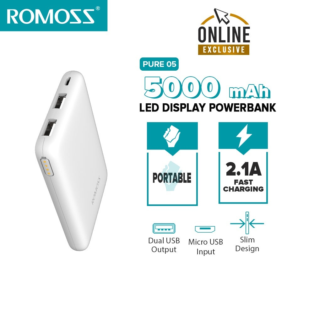 Romoss Pure 05 5000 MAh Mini Power Bank 2 1A Portable Charging Bank