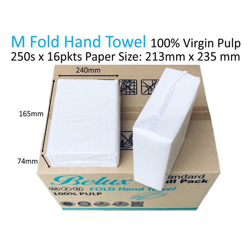 Paper Hand Towels Belux M Fold 100 Virgin Pulp 250s X 16 Packets Size