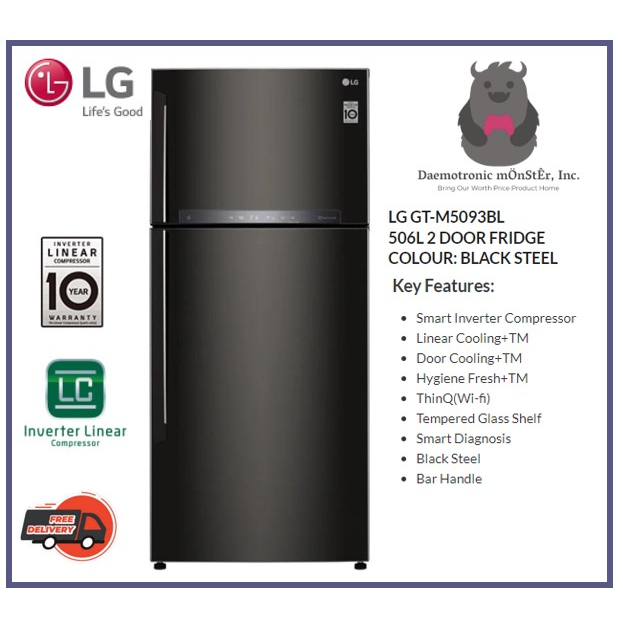 LG GT M5093BL 2 Door 506L Top Freezer Refrigerators Smart Inverter