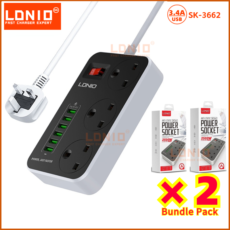 Bundle Of 2 LDNIO SK3662 Power Socket With UK 3 Pin 6 USB Charger