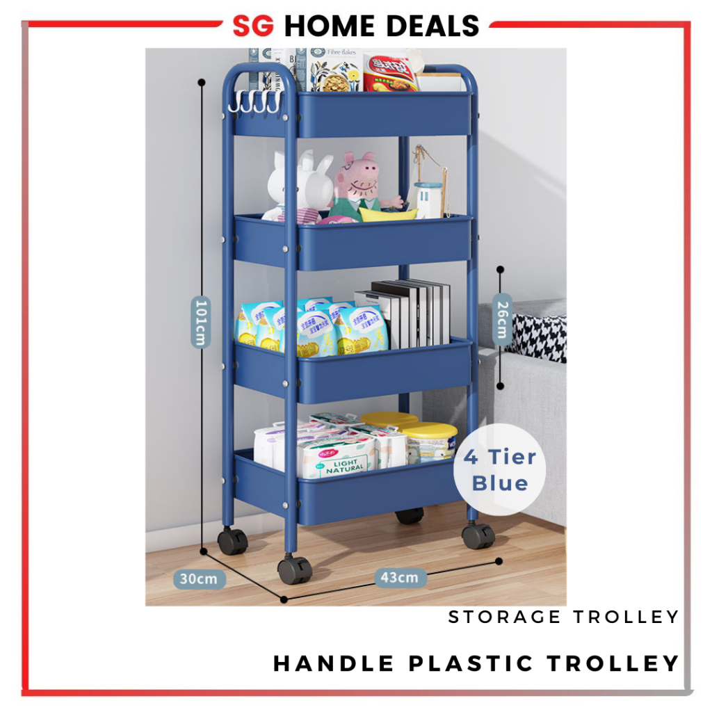 3 4 Tier Plastic Trolley Cart Handle Plastic Trolley Storage Racks