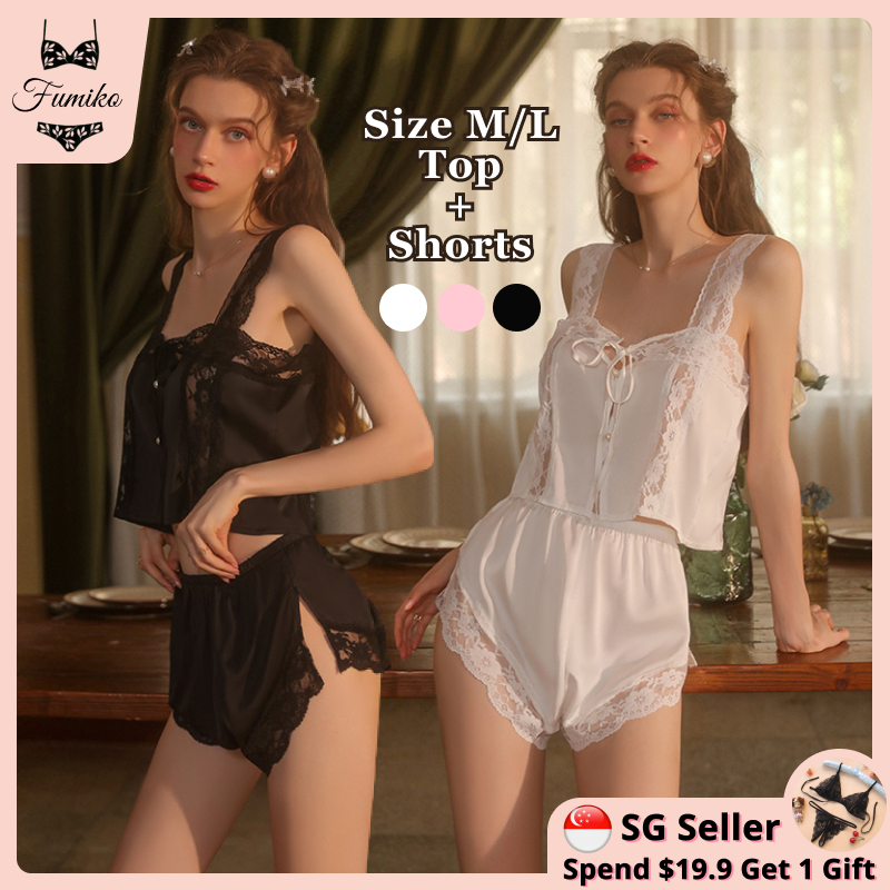 SG Stock Fumiko Satin 2Pcs Set Lace Pajamas Sexy Sleepwear Women