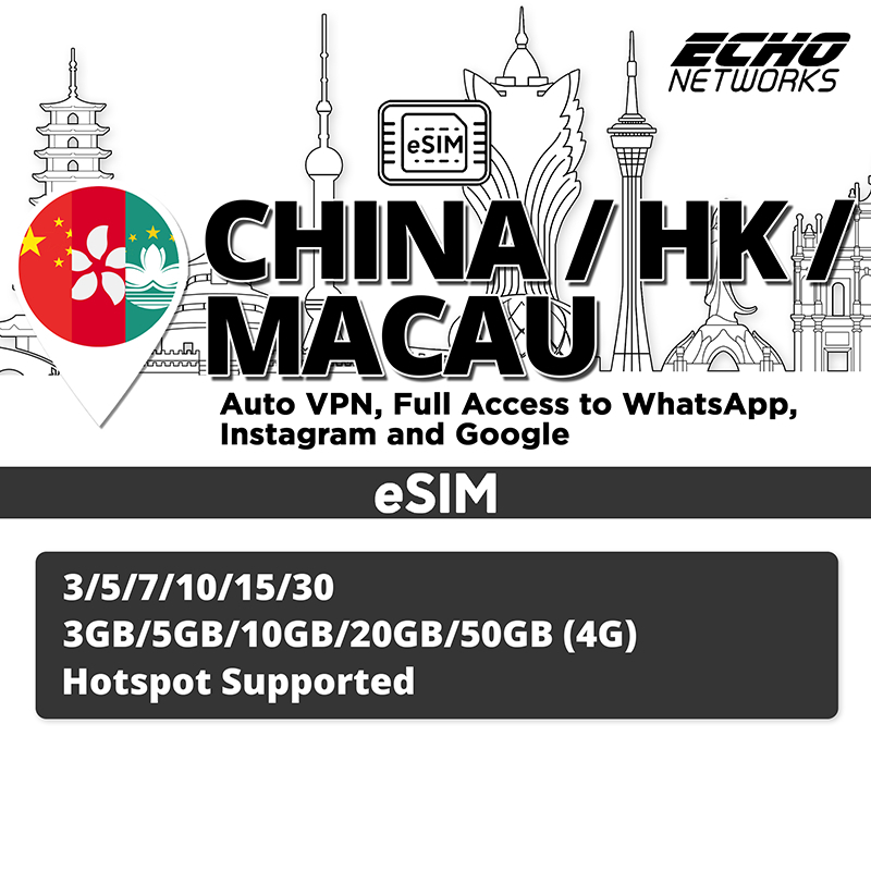 ESIM China Hong Kong Macau 3 30 Days 3GB 5GB 10GB 20GB 4G