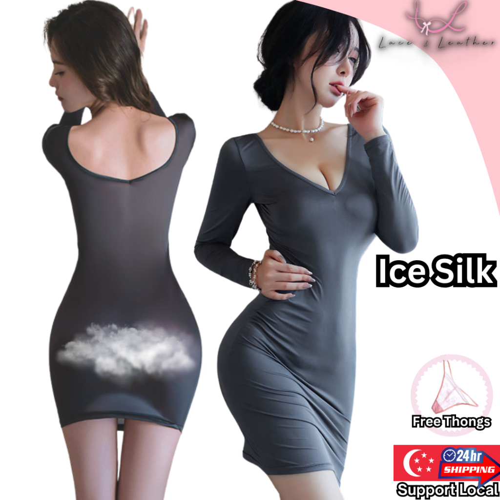 L L Lingerie Women Sexy Long Sleeves Tight Dress Secretary Erotic Grey