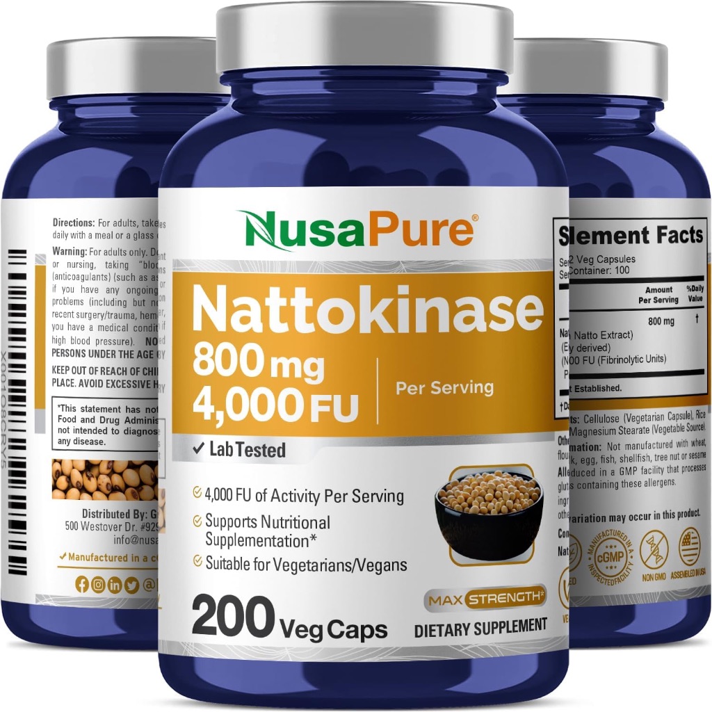 NusaPure Nattokinase 4000 FU 200 Veggie Capsules Non GMO Gluten Free