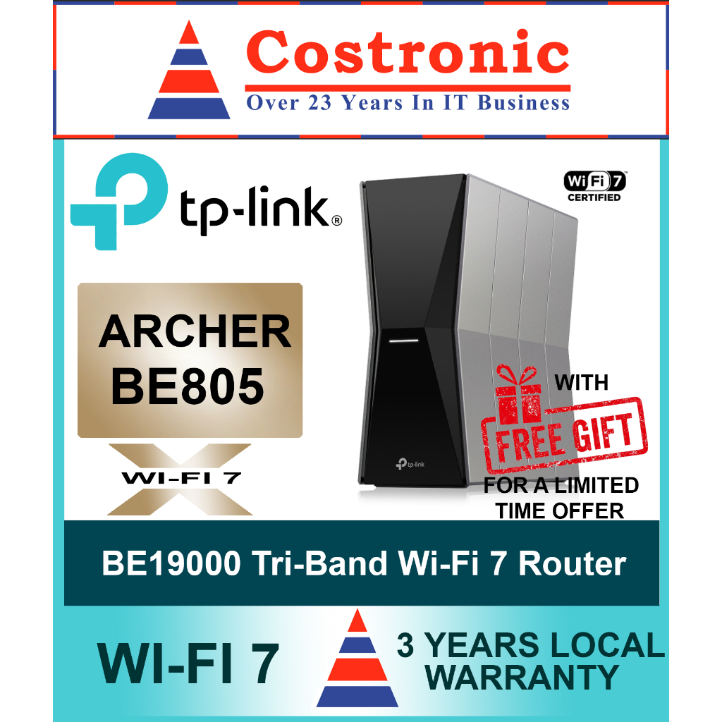 TP Link Archer BE805 BE19000 Tri Band Wi Fi 7 Router 3 Years Local