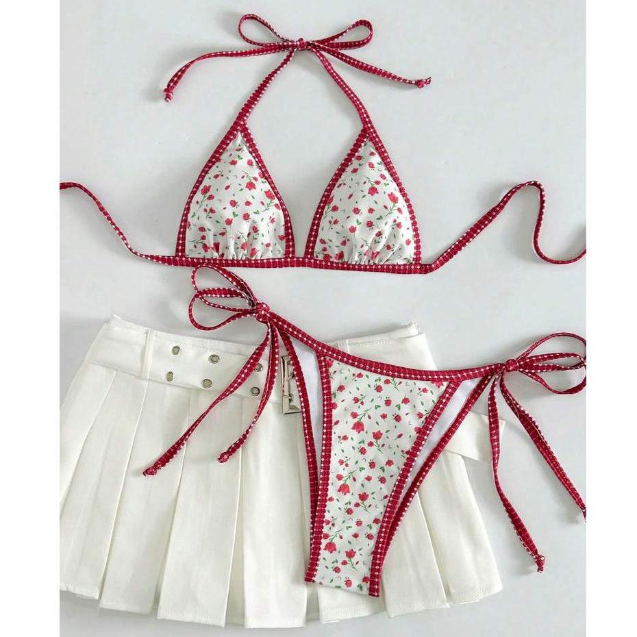 Red Floral Two Piece Bikini Set With Checkered Border Swimsuit Beach