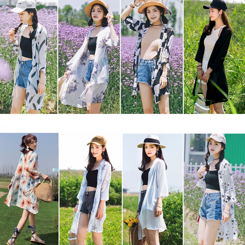Mid-length printed chiffon cardigan ultra-thin jacket chiffon shirt small shawl short jacket sun protection clothing