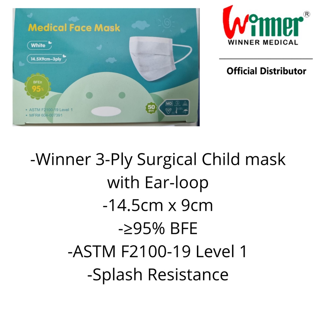Winner 3Ply Surgical Child Face mask with Earloop 50's/box Jun2024