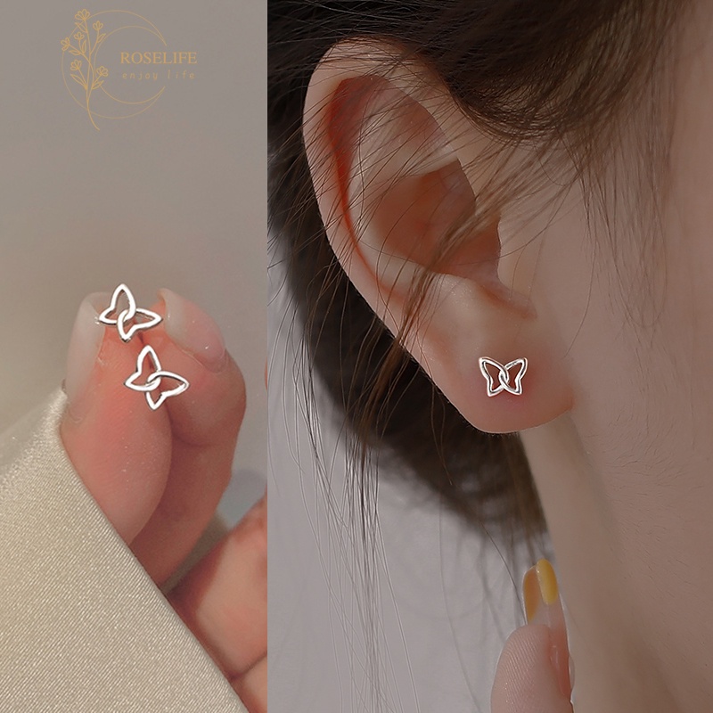 Roselife S925 Silver Hollow Line Crossing Mini Butterfly Stud Earrings for Women Girls Fashion Ear Jewelry 1 Pair