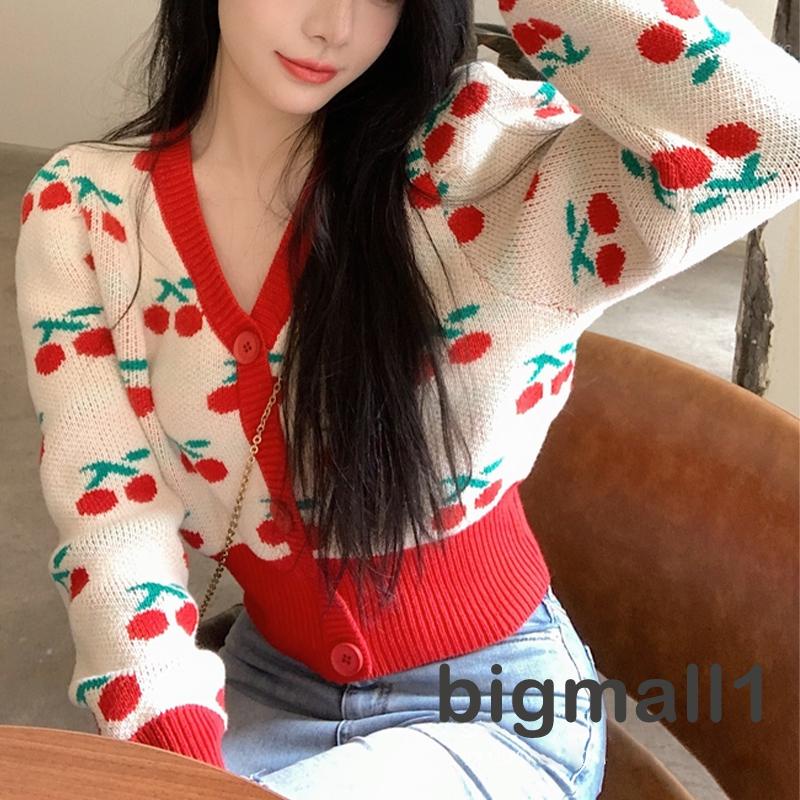 BIGMALL-Women Knitted Pullover Retro Style Cherry Pattern V-Neck Short Version Tops Autumn Clothing