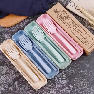  Reusable Travel Utensils Set with Case, 4 Sets Wheat Straw  Portable Knife Fork Spoons Tableware, Eco-Friendly Cutlery for Kids Adults  Travel Picnic Camping or Daily Use (Green, Beige, Pink, Blue) 