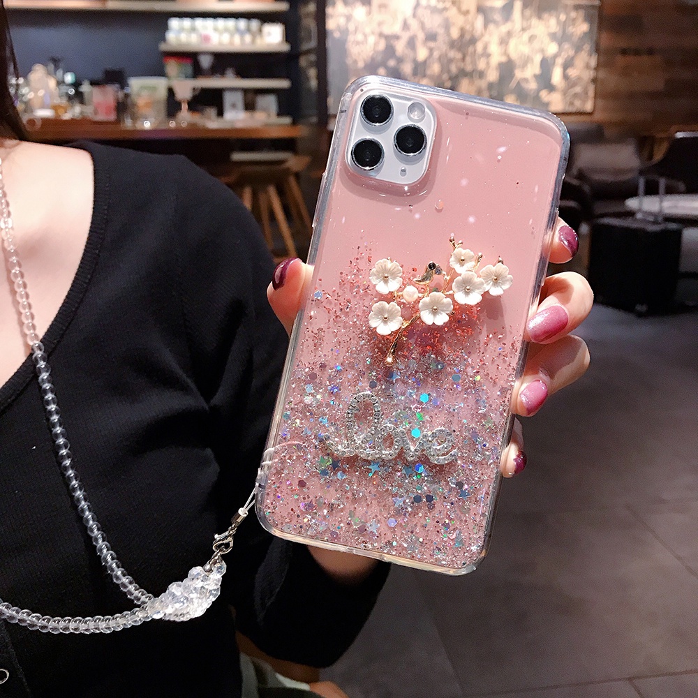 3D Flowers with Crystal Lanyard Phone Case for IPhone 15 14 13 11 12 ...