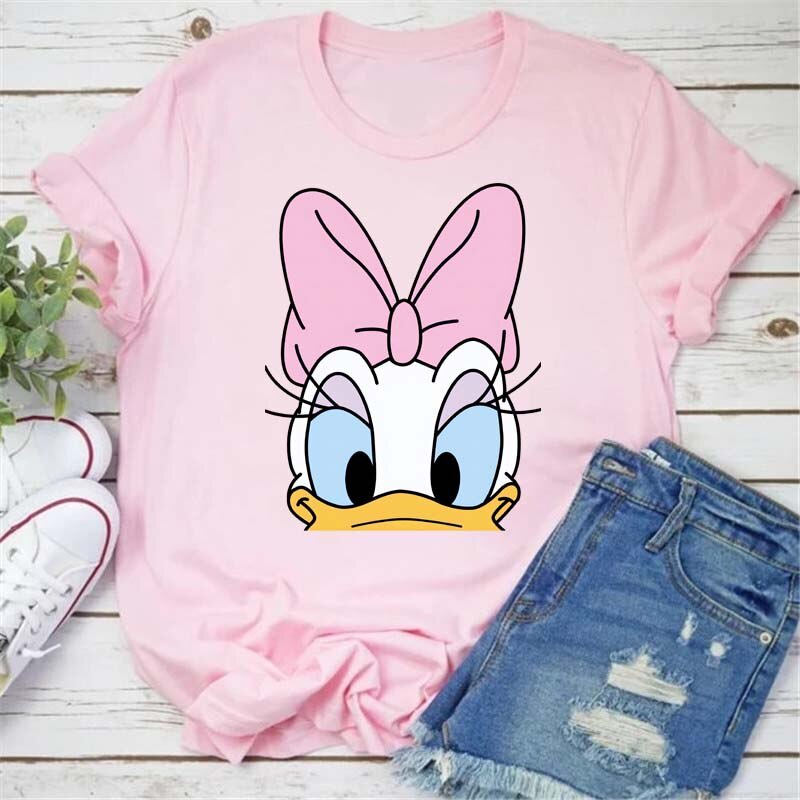 Women T Shirt Pink Daisy Duck Print Disney T-shirt Women Clothing Fashion Short Sleeves Tops Cartoon Casual Kawaii T Shirts Top Tee