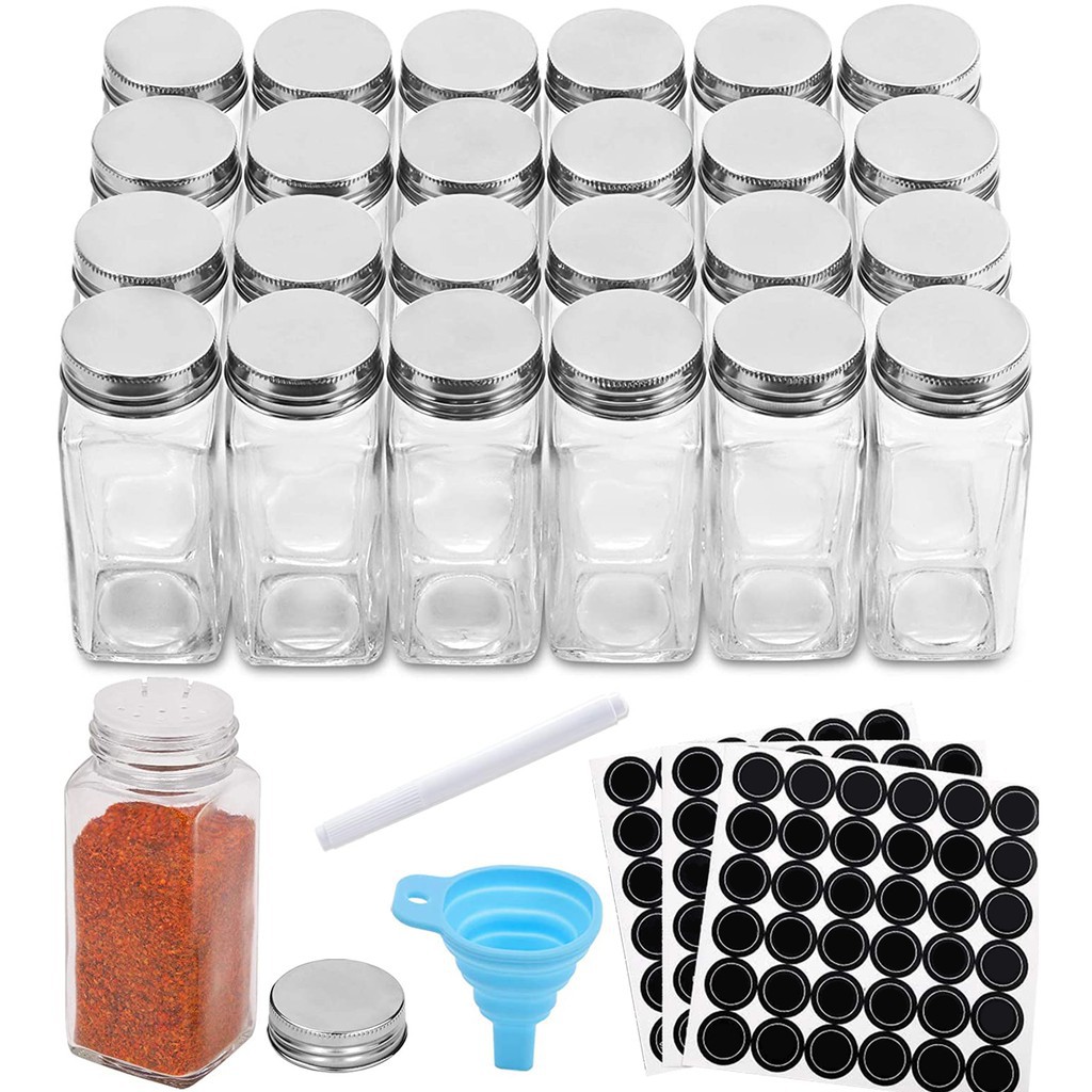 24 Pcs Glass Spice Jars/Bottles - 4oz Empty Square Spice
