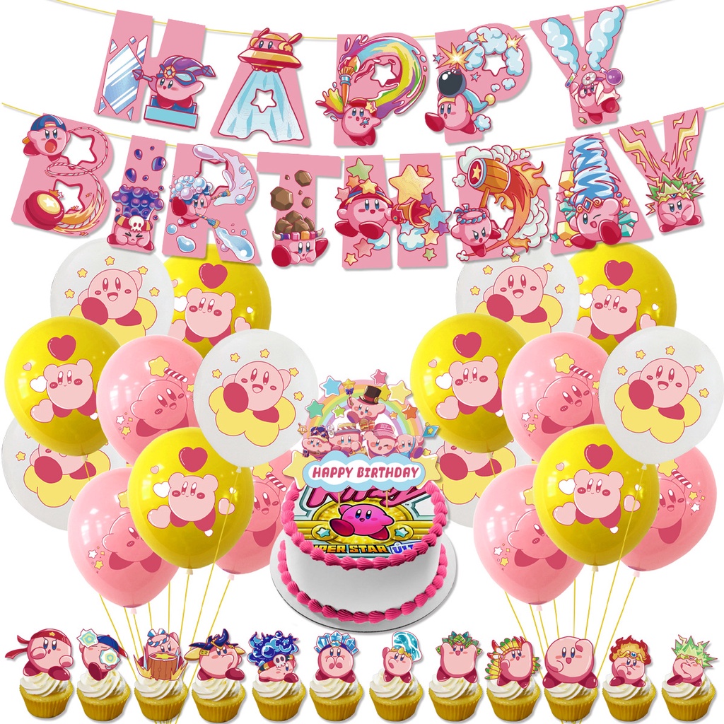 KirbyStar Theme Birthday Party Decorations Happy Birthday Banner Garland Cupcake Toppers