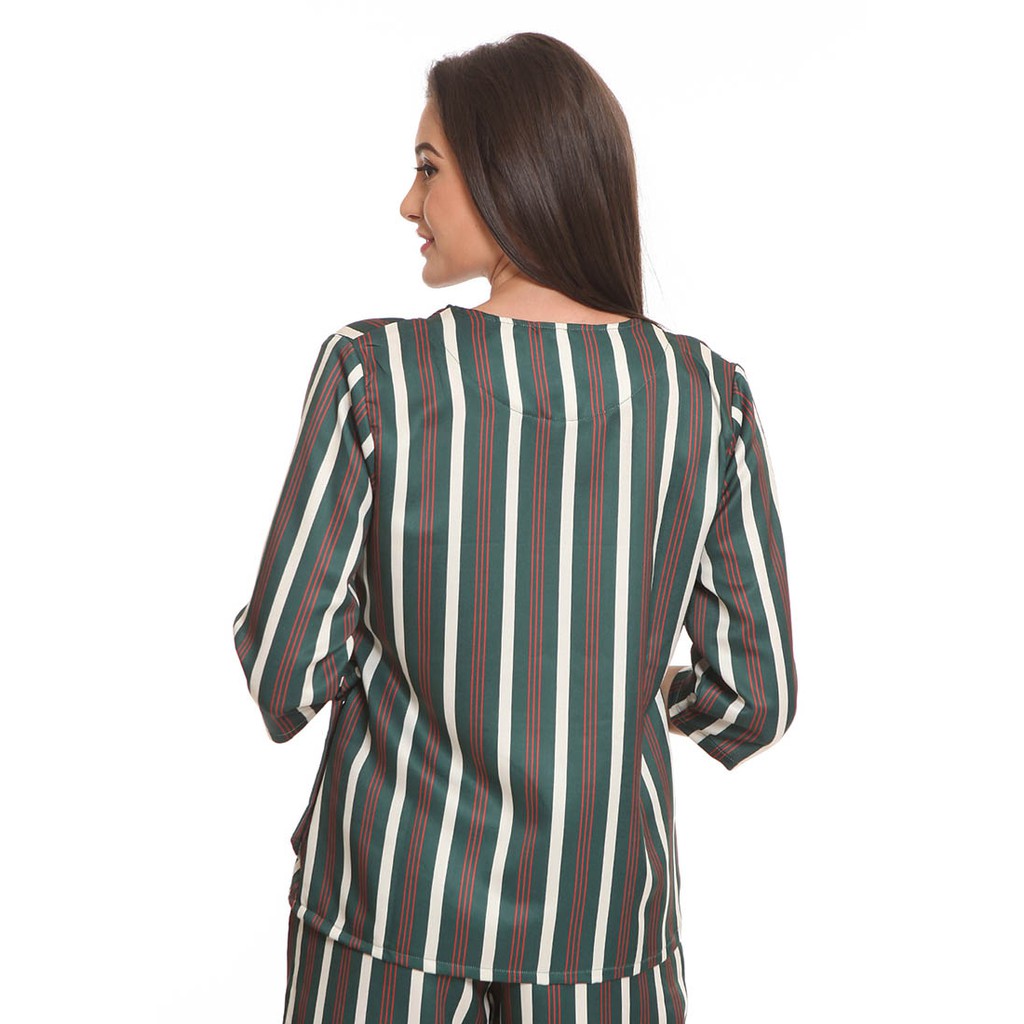Basix - Bruin Blouse Top Green - Atasan Satin Hijau Stripe - Gambar 2