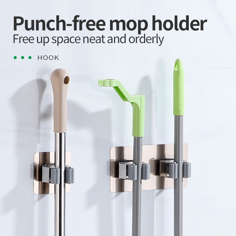 Harbour Life Strong Adhesive Mop Hook Holder Stainless Steel Mop Clip Broom Holder Wall Hanging Storage Rack for Bathroom