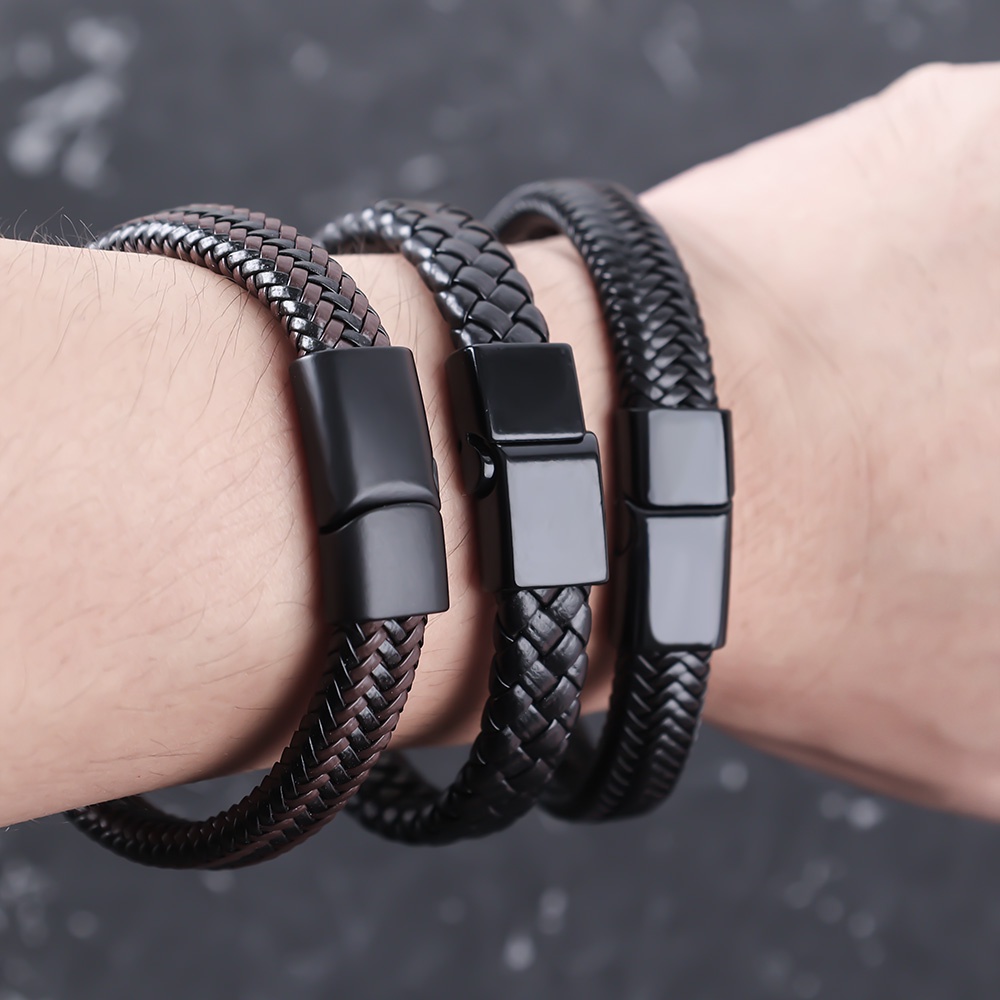 Men Metal Buckle Leather Bracelet / High-Quality Hand-Woven Bracelet / Trendy Charm Bangle / Simple Style Wristband / Jewellery Accessories