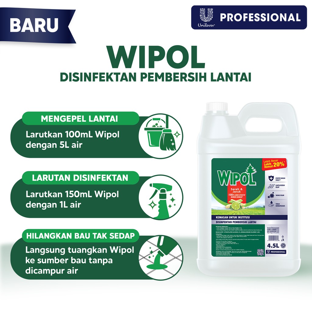 Wipol Professional Disinfektan BKC Pembersih Lantai Sereh Jeruk 4.5 L Jerigen Untuk Horeka - Gambar 4