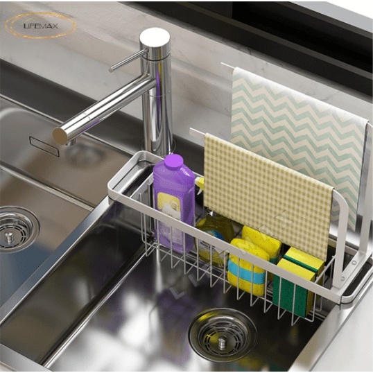 [SG Seller]Extendable Kitchen Sink Rack With Cloth Hanging Rod Shopee