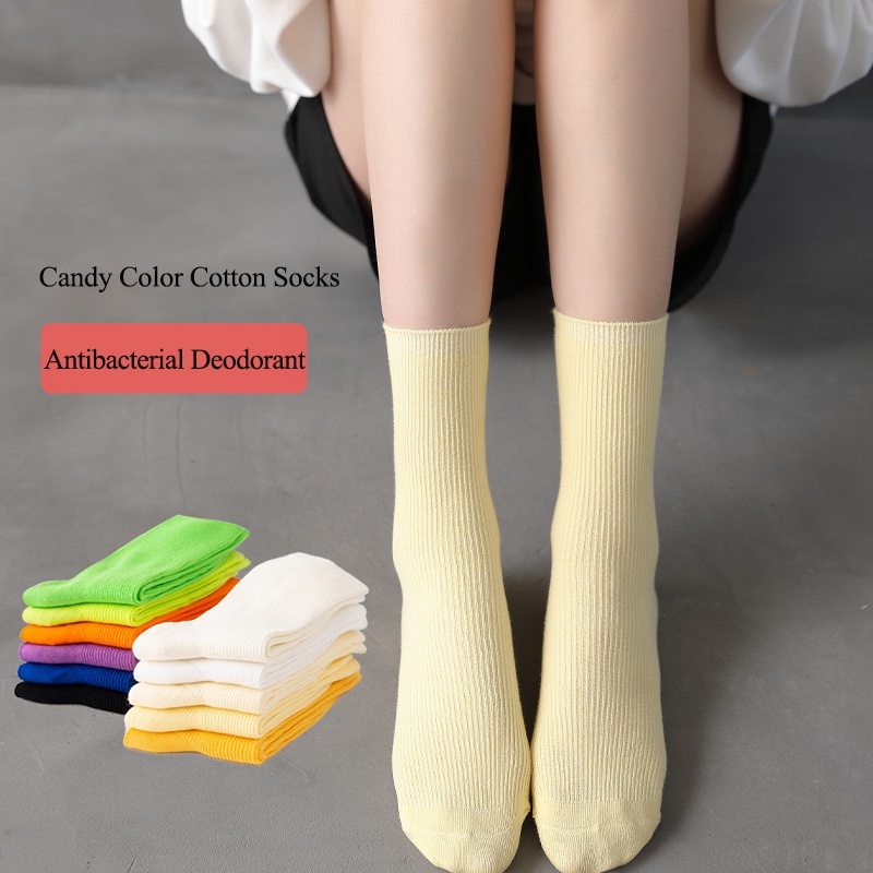 Ready Stock Candy Color Twin-needle Cotton Women Socks Simple Plain ...