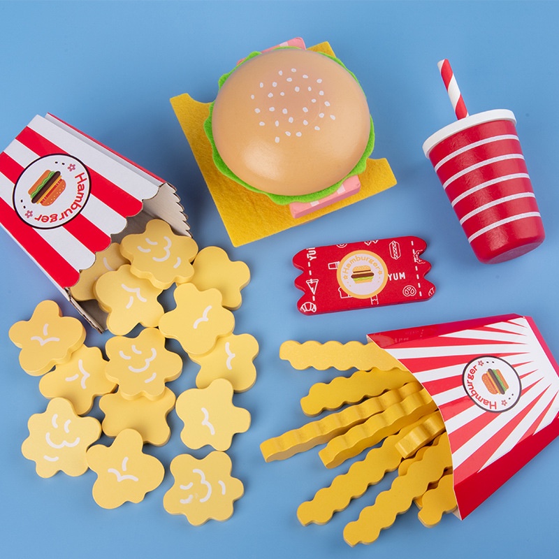 ⌁ SG LOCAL STOCK ⌁ Burger & French Fries Popcorn Food Pretend Play Set Children Wooden Toys Toddler Kids Christmas Gifts