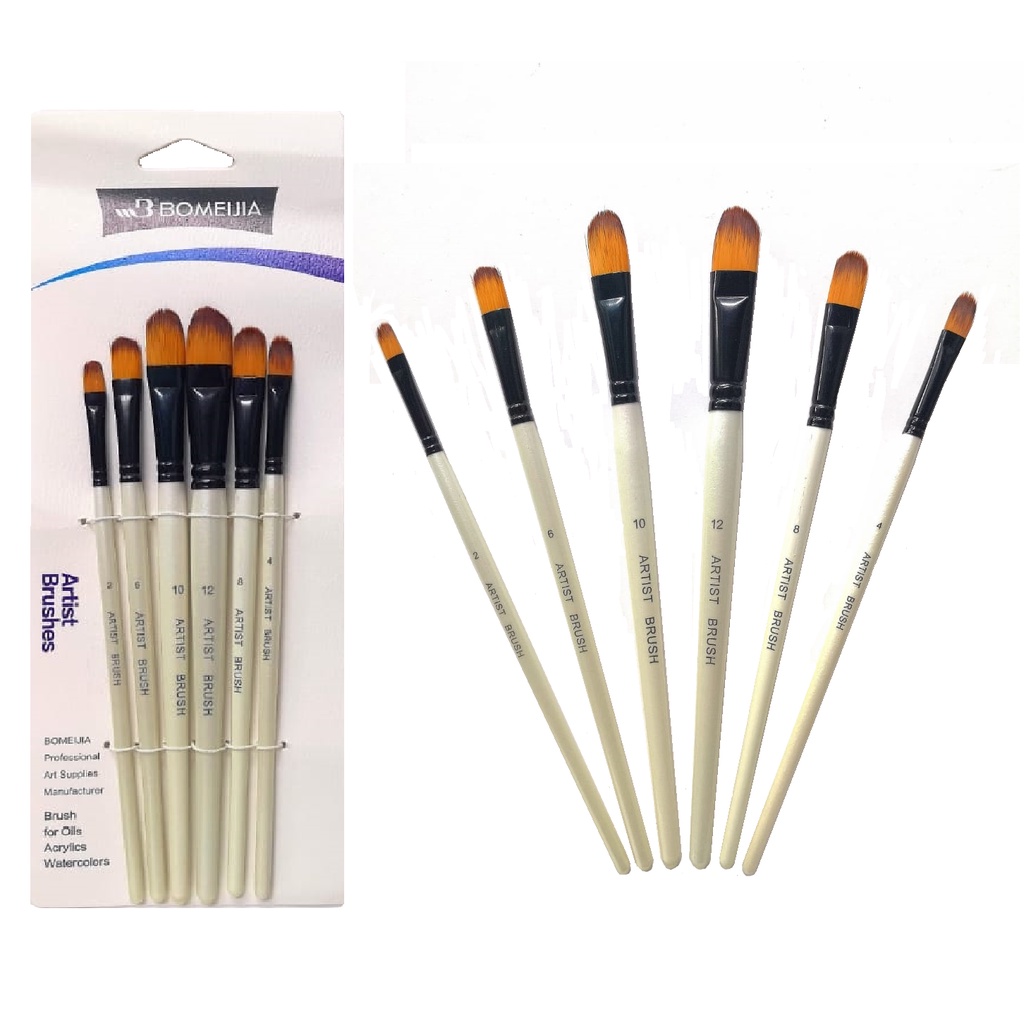 Bomeijia Artist Nylon Brush Flat / Round / Angular / Filbert Set of 6