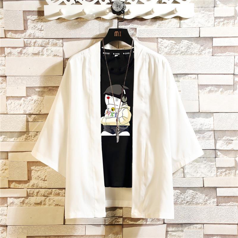 Japanese Style Vintage Pure White Robe Men's Loose Three-Quarter Sleeve Shirt Jacket Chinese kimono Cardigan Sun Protection Clothing