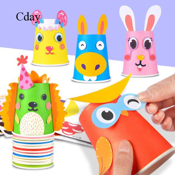 Cday 12PCS Kids Children DIY Handmade Paper Cups Craft Art Kit with 12 Animal Patterns for Kindergarten Preschool Educational Toys