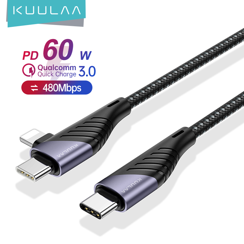 KUULAA KL-X47 C to L+C Multifunctional PD 60W Fast Charging Data Cable Supports Iphone Android Type-c
