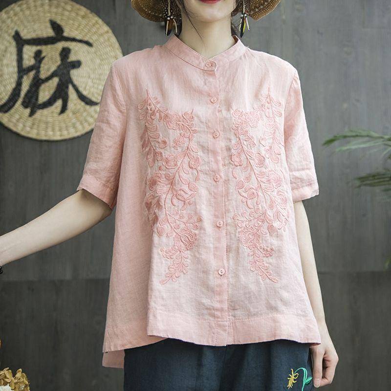 【Joy Joy Clothing】C.XAS50.Pure Cotton Shirt Stand-Up Collar Top 2022 Literary Embroidery Loose Slimmer Look Large Size Short-Sleeved Women Imitation Linen Small