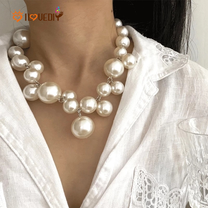 Women French Vintage Exaggerate Big Pearl Choker Necklace /Ladies Elegant Temperament Clavicle Chain Necklace / Girlfriends Wedding Party Jewelry Gifts Accessories
