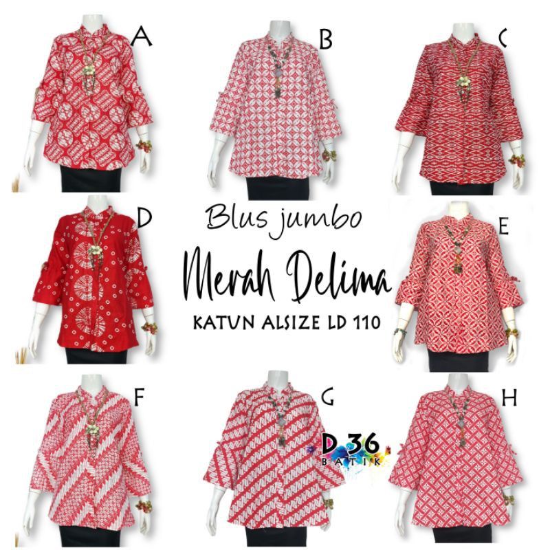MERAH KATUN Tops Blouse Red Ruby Batik Jumbo Red Batik Pomegranate Uniform Modern Batik Casual Work Muslim Uniform Jumbo Big Size Women's Clothing Super Cotton Work College Teenagers XXXL