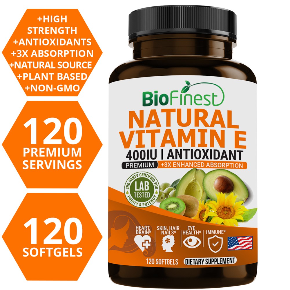 Biofinest Natural Vitamin E 400IU Supplement - 3x Enhanced Absorption - Heart Eye Skin Hair Nails Immune (120 Softgels)