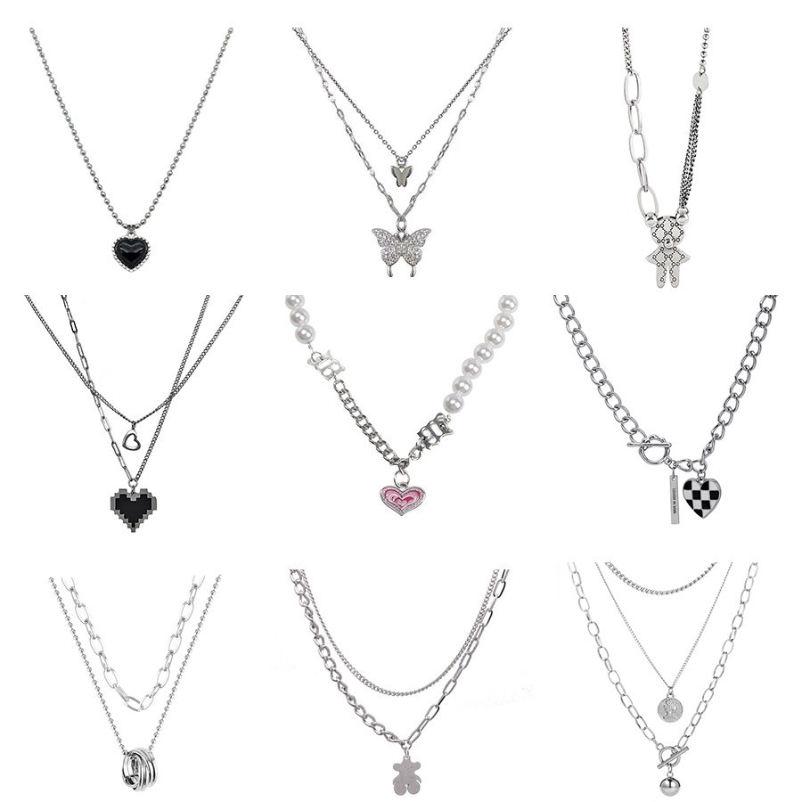 Korea Ins Bear Love Pendant Chain Necklace for Girl Fashion Punk Retro Necklace Jewelry