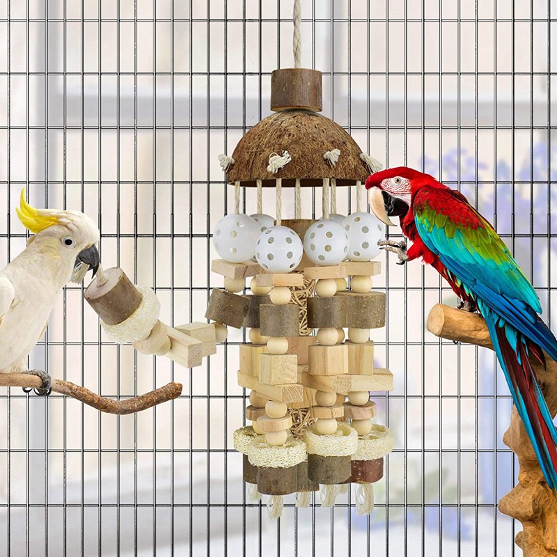 Bird Parrot Toy, Large Parrot Toy Natural Wooden Blocks Bird Chewing ...