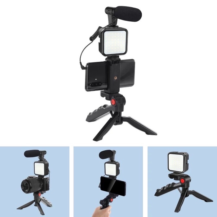 Smartphone Video Kit Microphone LED Light Tripod Holder for Vlogging ...