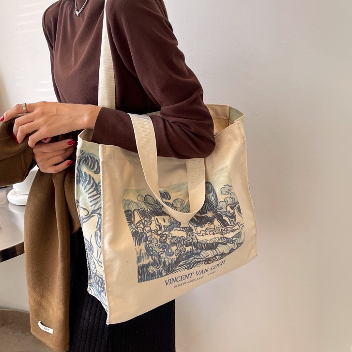 Large-capacity canvas bag wild Korean version of the trendy student schoolbag shoulder bag ins fashion large casual backpack shopping bag