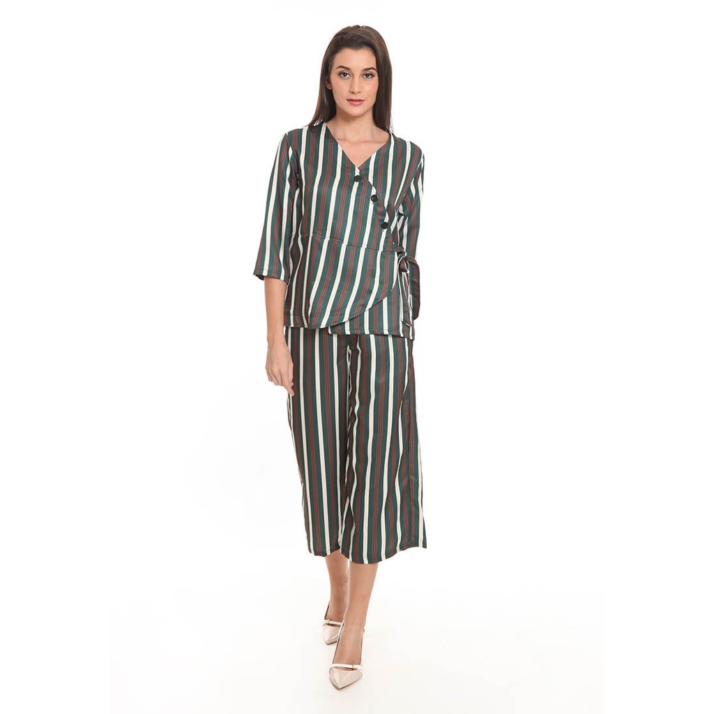 Basix - Bruin Blouse Top Green - Atasan Satin Hijau Stripe - Gambar 4