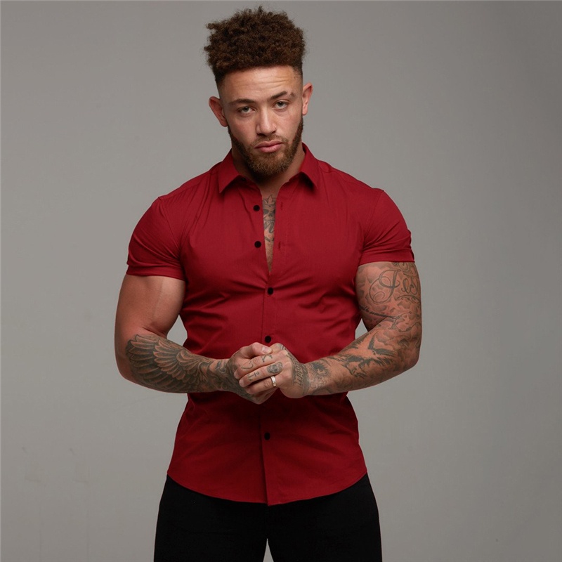 Summer Business Fashion Short Sleeve Shirt Men Solid Super Slim Fit Male Social Basic Dress Shirt Turn-down Collar Men Gym Fitness Sport Clothing