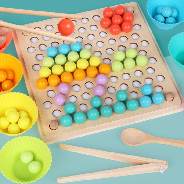 Rainbow beads Fine Motor Skills Montessori Wooden Toy Pick Up Ball Manipulatives Educational Toy Early Development Toy