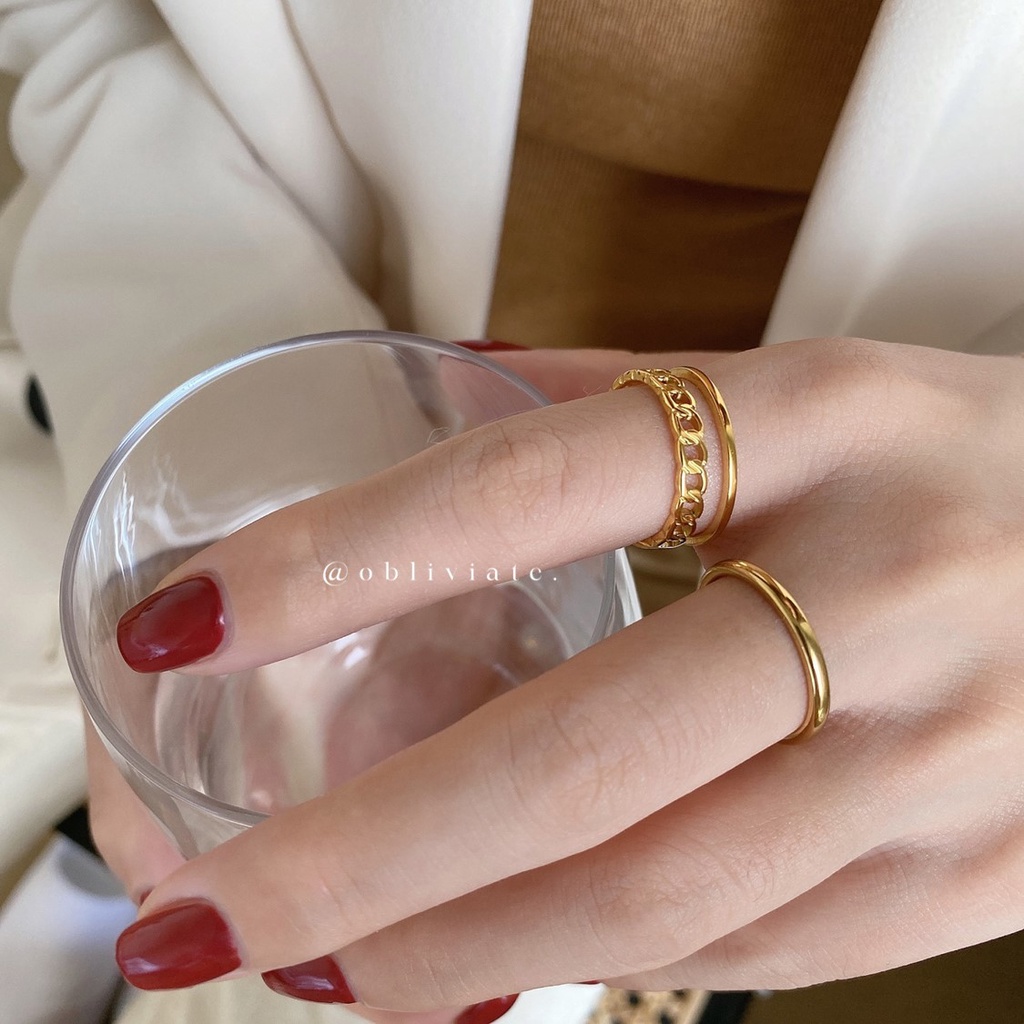 18K Gold 2 Layers Hollow Chain Link Ring Simple Minimalistic Stacking Rings Stainless Titanium Steel