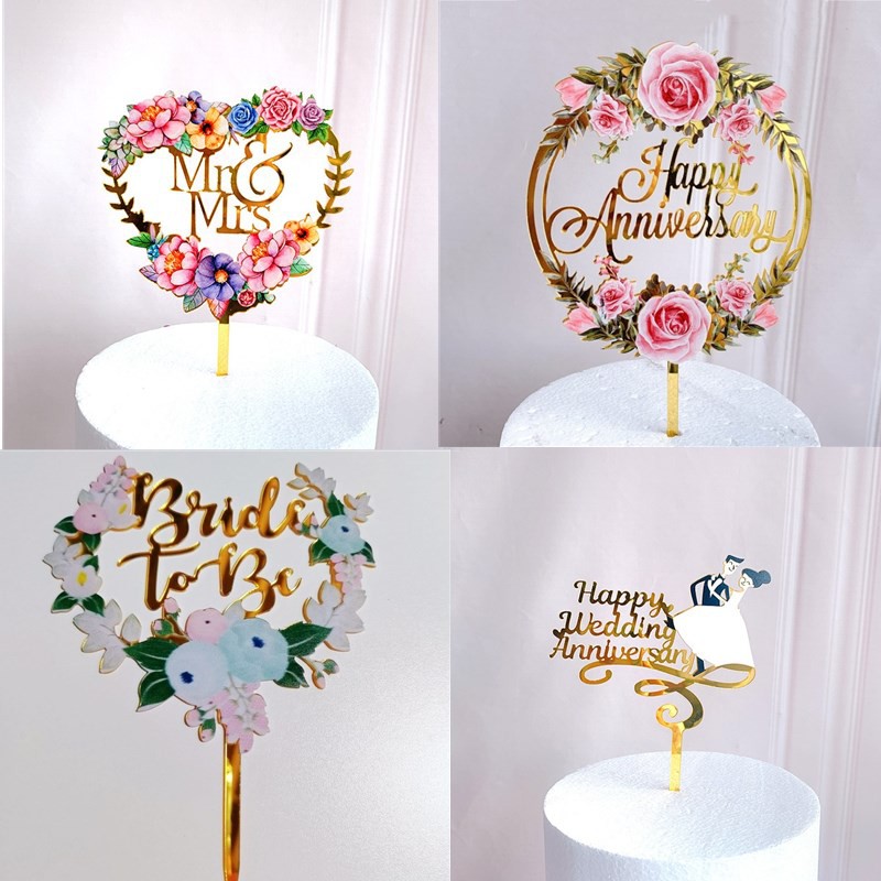 Acrylic Wedding Anniversary Cake Topper Flower Series Mr and Mrs Bride ...