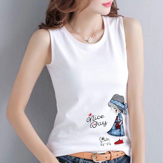 Summer Sleeveless Women Tank Top & Vest Korean Loose Fitting Outerwear Sexy  Casual White Round Neck Sleeveless T-shirt Women