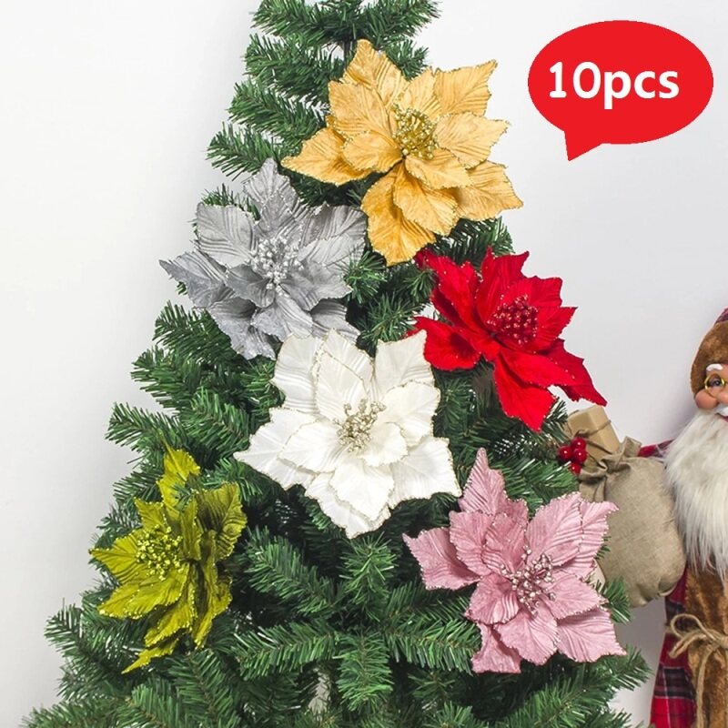 [Christmas Products]10pcs 13cm Big Flower Head Glitter Artificial Silk ...