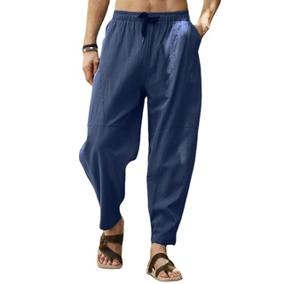 Mens Linen Pants Loose Baggy Ethnic Taperd Trousers Drawstring Elastic Wasit