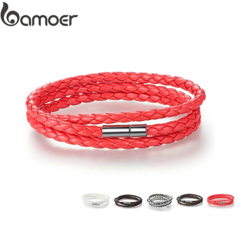 BAMOER New Year Red Long Chain Adjustable Magnet Buckle Unisex Leather 6 Color Wholesale Bracelets for Women and Men Fashion Jewelry PI0063