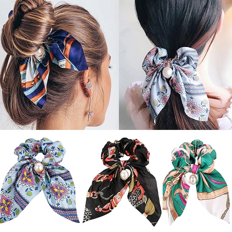 Pearl Silk Ribbon Bowknot Rubber Bands/Women Korean Fashion Printing Bow Hair  Bands/Hair Ties Ponytail Holder/Cloth Bandanas Hair Accessories