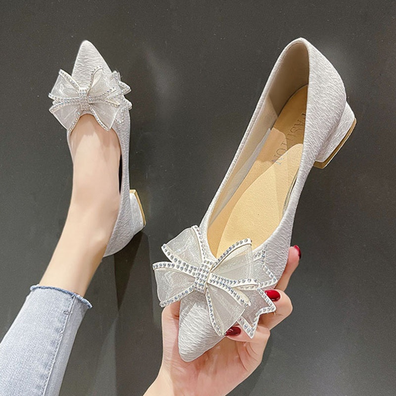 Women s High heels Thick Heel High Heels Rhinestone Bow Single Shoes 3 CM Low Heels Wedding Shoes Pointed Shoes Shopee Singapore